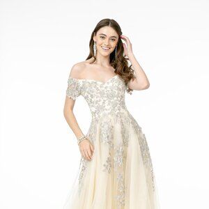 NEW LONG OFF SHOULDER SLEEVELESS A-LINE EMBROIDERED MESH DRESS WITH ZIP GL2885